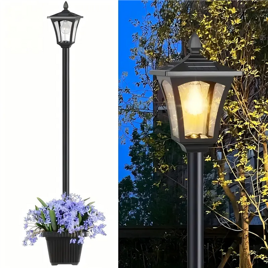 65” Solar Garden Lamp Post with Planter – Waterproof LED Outdoor Light, Warm White 60 Lumens