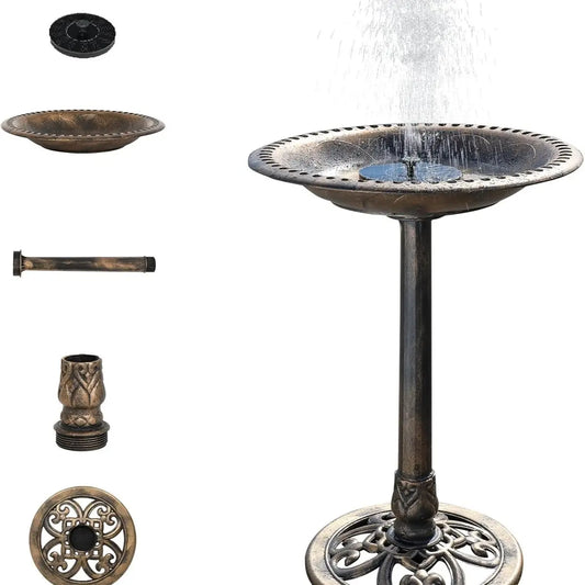 28 Inch Solar Bird Bath Fountain Outdoor Antique Copper Resin Pedestal Garden Decor